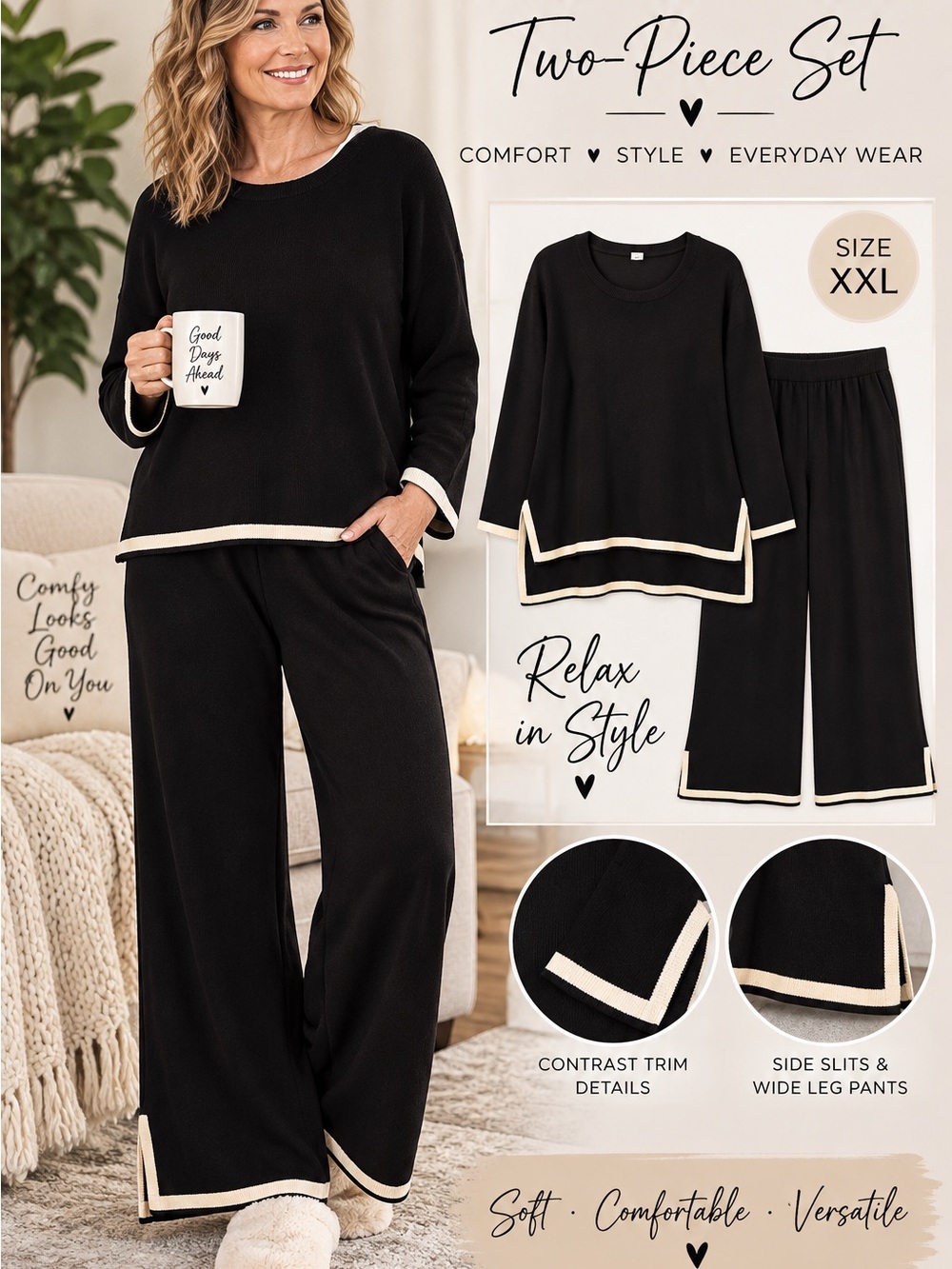 Women's Black Two-Piece Lounge Pajama Set with Cream Contrast Trim